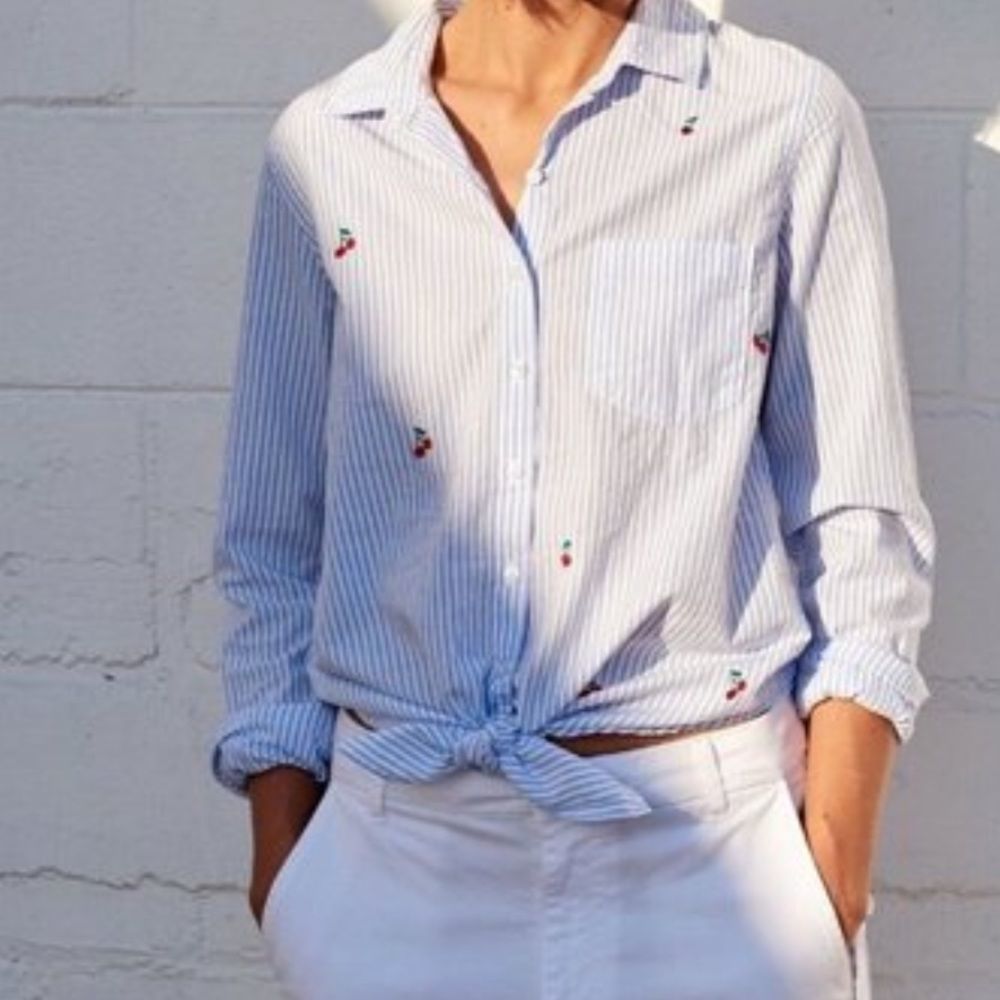 Sundry Light Blue Pinstripe Button-Down Shirt with Cherry Embroidery
